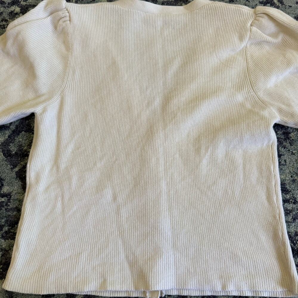 FLAWED FRAME Cropped White Ribbed Puff Sleeve Knit Cardigan Pullover- Size M - Picture 8 of 12